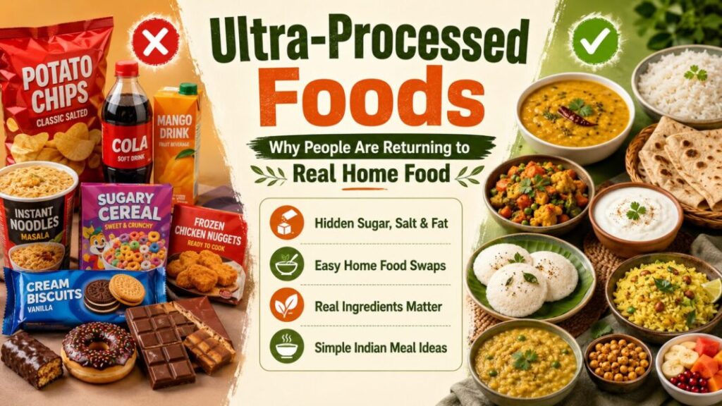 Ultra-processed foods compared with real Indian home food including dal, rice, roti and vegetables