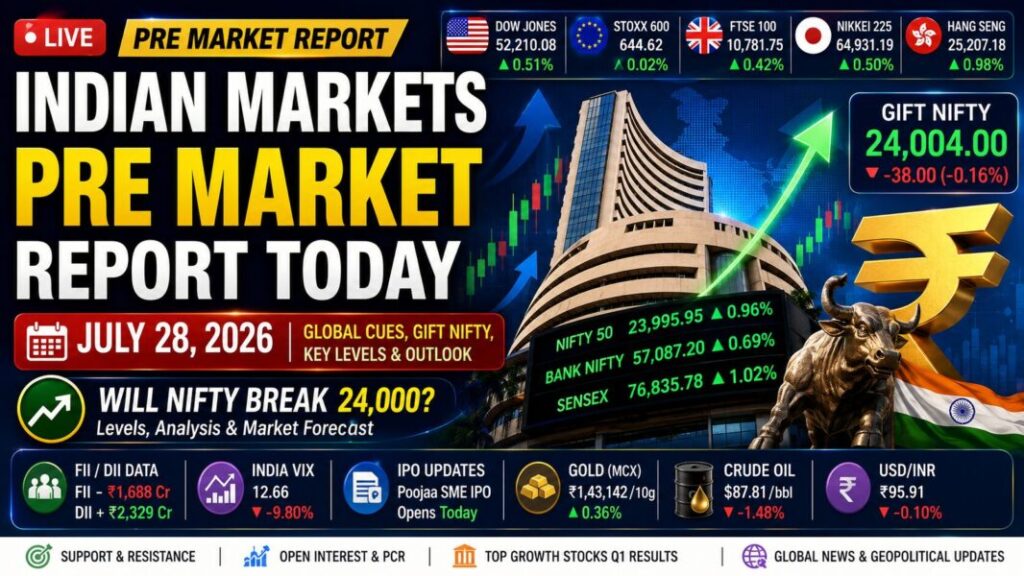 Indian Markets Pre Market Report Today with Nifty, GIFT Nifty, Bank Nifty, Sensex and global market cues