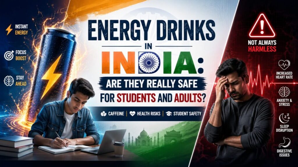 Energy drinks in India safety guide showing caffeine benefits and health risks for students and adults.