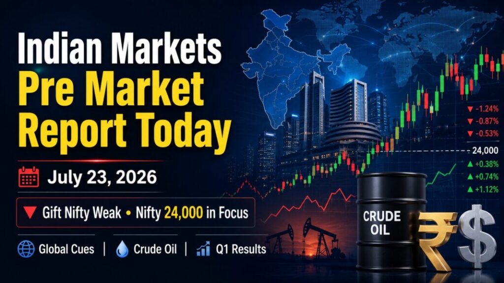 Indian Markets Pre Market Report Today July 23 2026 with GIFT Nifty, Nifty 50, Bank Nifty, Sensex, crude oil and FII DII data