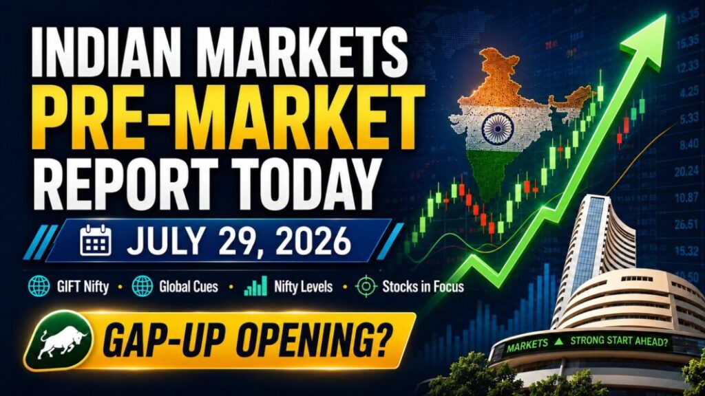 Indian Markets Pre Market Report Today showing GIFT Nifty, Nifty 50, Sensex and Bank Nifty outlook for July 29, 2026