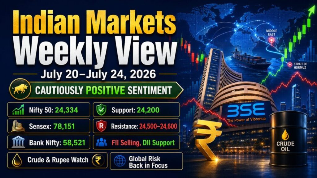 Indian Markets Weekly View for July 20 to July 24 2026 with Nifty, Sensex, Bank Nifty levels, crude risk and weekly outlook
