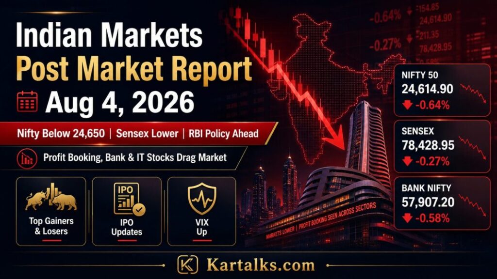 Indian Markets Post Market Report Today showing Nifty below 24,650 and Sensex ending lower on August 4, 2026