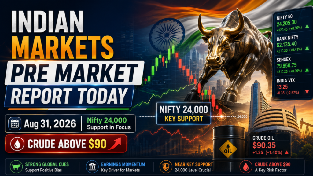 Indian Markets Pre Market Report Today with Nifty 24,000 support, GIFT Nifty, Bank Nifty, Sensex and crude oil above $90 for August 31, 2026