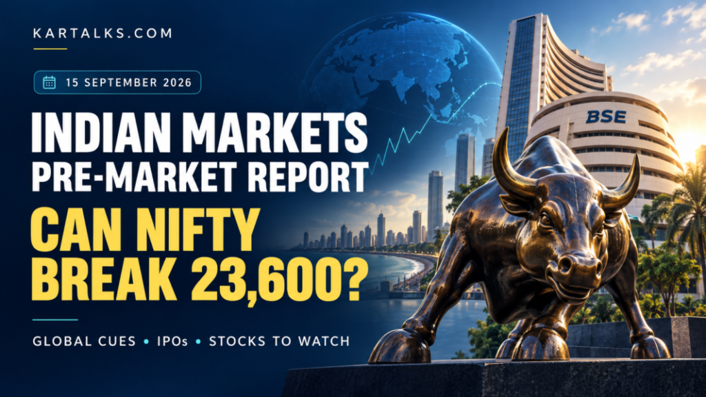 September 15, 2026 Indian markets pre market report banner covering GIFT Nifty and global market cues