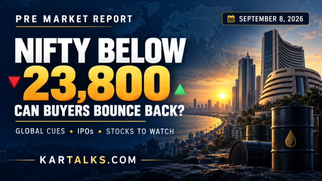 September 8 Indian markets pre market report banner highlighting Nifty below 23,800 and global market cues
