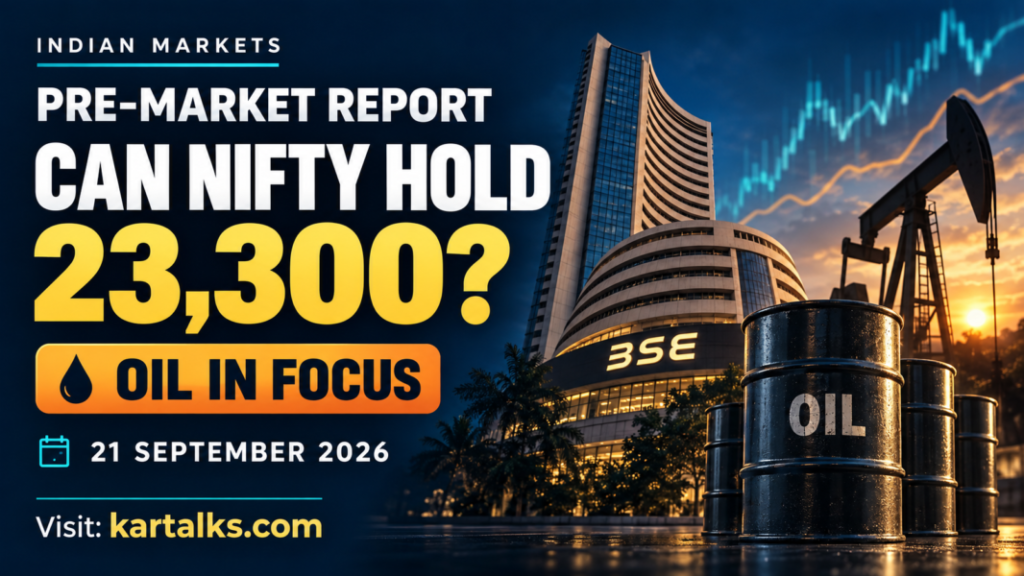 Indian Markets Pre Market Report Today banner highlighting Nifty 23,300 and oil, with the BSE building and oil barrels.
