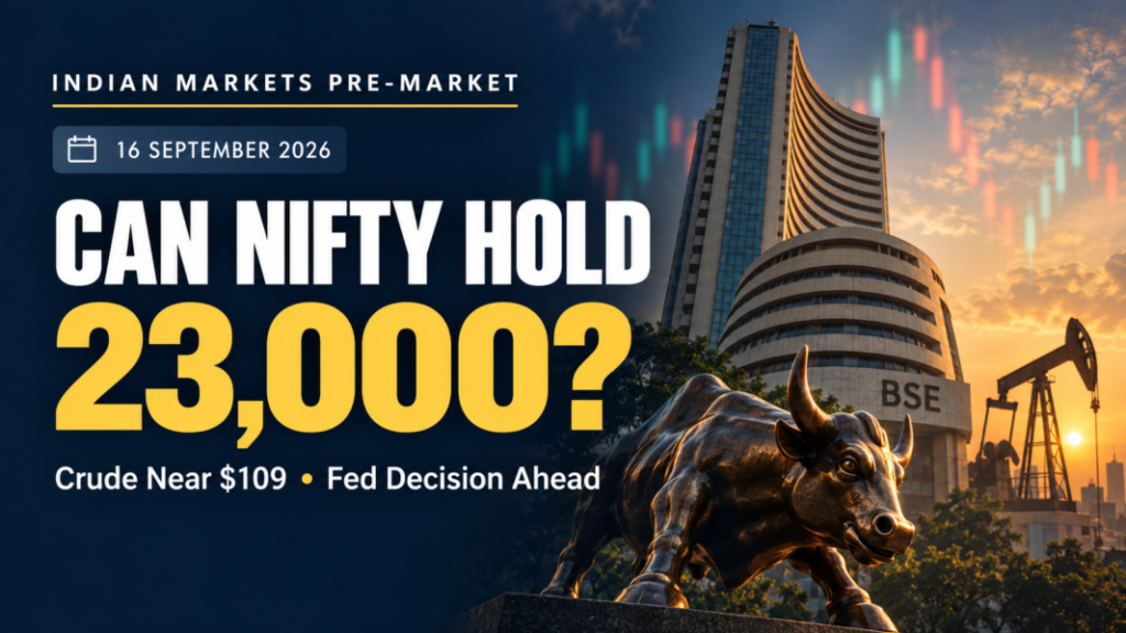 Indian Markets Pre Market Report Today for September 16, 2026, highlighting Nifty 23,000 and crude near $109