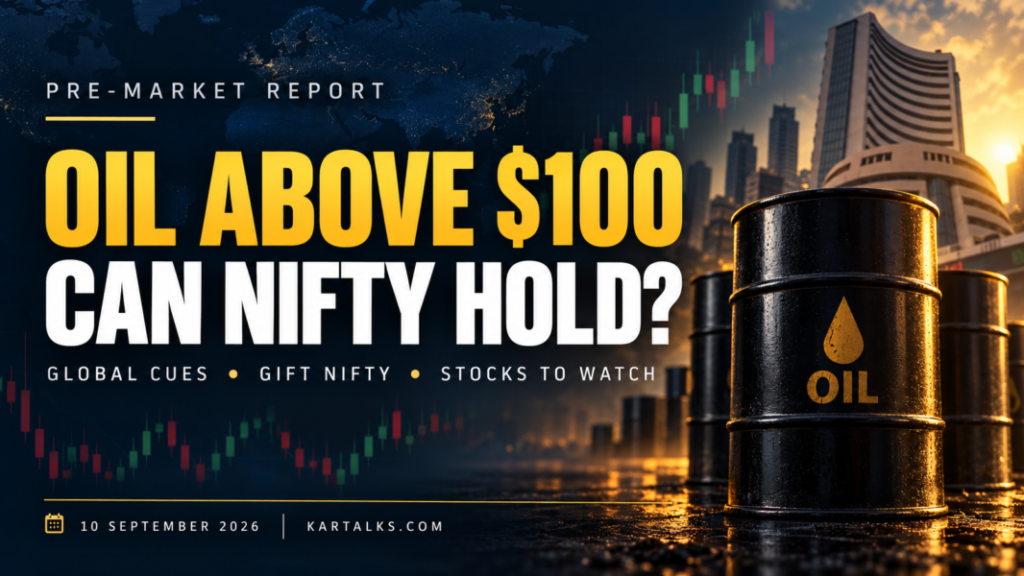 Match the finished banner’s visible content. For a banner showing Nifty and oil, use: “Indian markets pre market report outlook for September 10, 2026, with Nifty and crude oil in focus.”