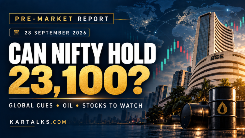 Indian Markets Pre Market Report Today banner asking whether Nifty can hold 23,100, with the BSE building and oil barrels.