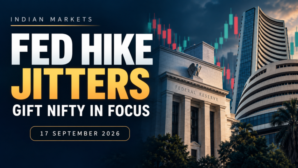 Indian markets pre market report banner for September 17, 2026, highlighting the Fed rate hike and GIFT Nifty.