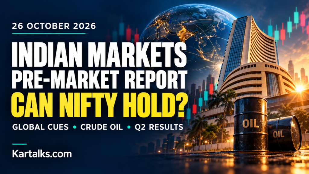 October 26, 2026 Indian markets pre market report today banner showing a stock exchange building, globe and oil barrels with the headline “Can Nifty Hold?”