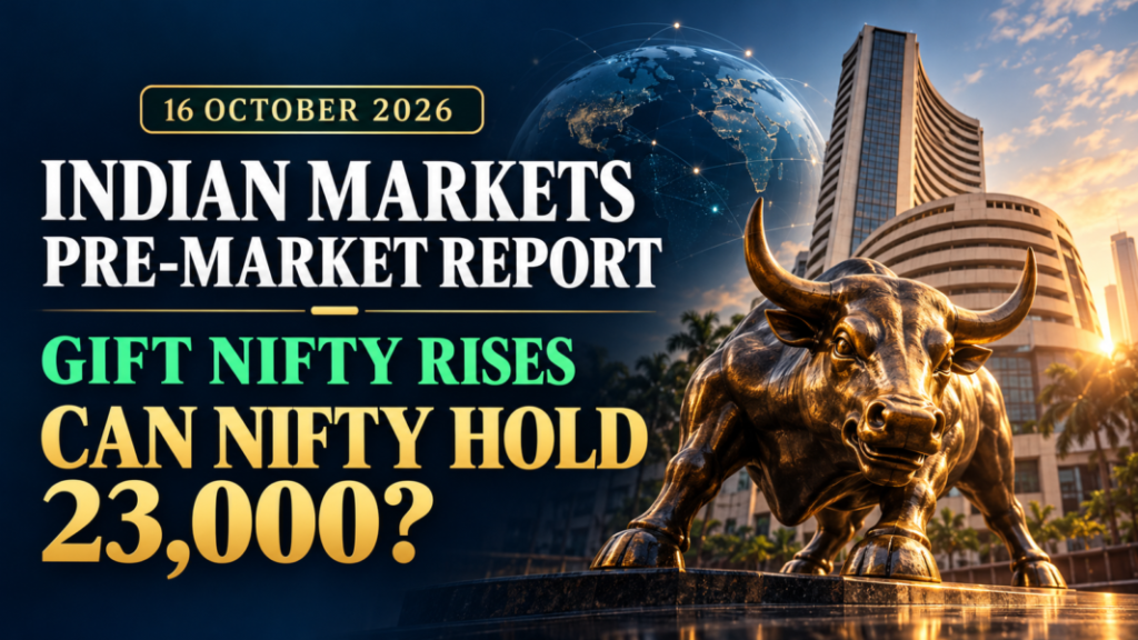 October 16, 2026 Indian markets pre market report today banner showing a bronze bull, the BSE building and the question “Can Nifty hold 23,000?”