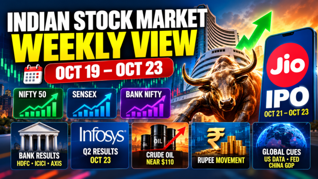 Indian Stock Market Weekly View Oct 19–23 2026 with Jio IPO, bank results, Infosys Q2 and Nifty outlook