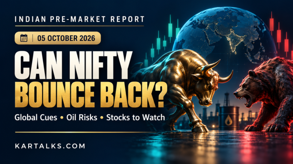 Kartalks October 5 Indian markets pre market report today banner asking “Can Nifty Bounce Back?” with bull, bear and global market imagery.