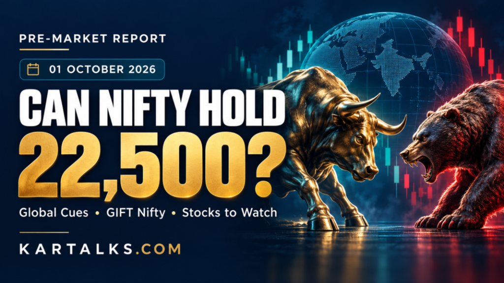 Indian Markets Pre Market Report Today banner asking whether Nifty can hold 22,500, with bull and bear imagery.