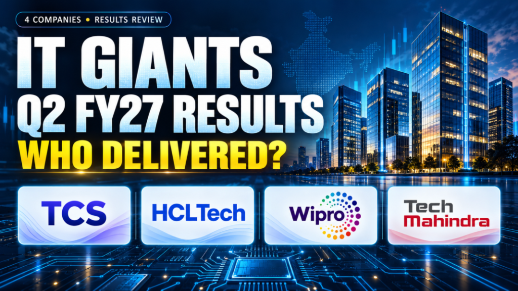 IT stocks Q2 FY27 results banner featuring TCS, HCLTech, Wipro and Tech Mahindra