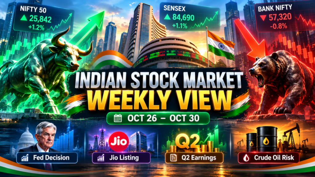 Indian Stock Market Weekly View Oct 26–30 2026 with Fed decision, Jio listing, Q2 earnings and crude oil risk