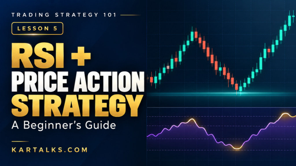 RSI + price action trading strategy banner with candlesticks, an RSI-style curve and Lesson 5 branding.