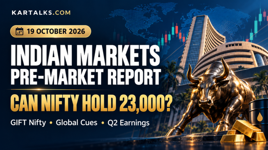 Indian Markets Pre Market Report Today banner for 19 October 2026, showing the BSE building, a bull and the Nifty 23,000 question.