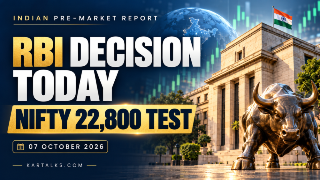 Indian Markets Pre Market Report Today October 7, banner showing RBI decision today and Nifty 22,800 test beside a bronze bull and bank building.