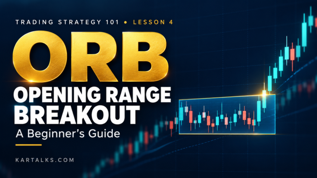 Opening range breakout strategy banner with candlesticks breaking above a highlighted price range.