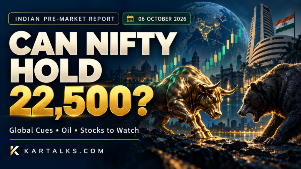 Indian Markets Pre Market Report Today banner asking “Can Nifty Hold 22,500?” with bull and bear imagery.