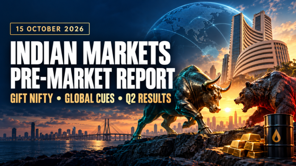 Indian markets pre market report today for October 15, 2026, featuring bull and bear figures, the BSE building and global market imagery.